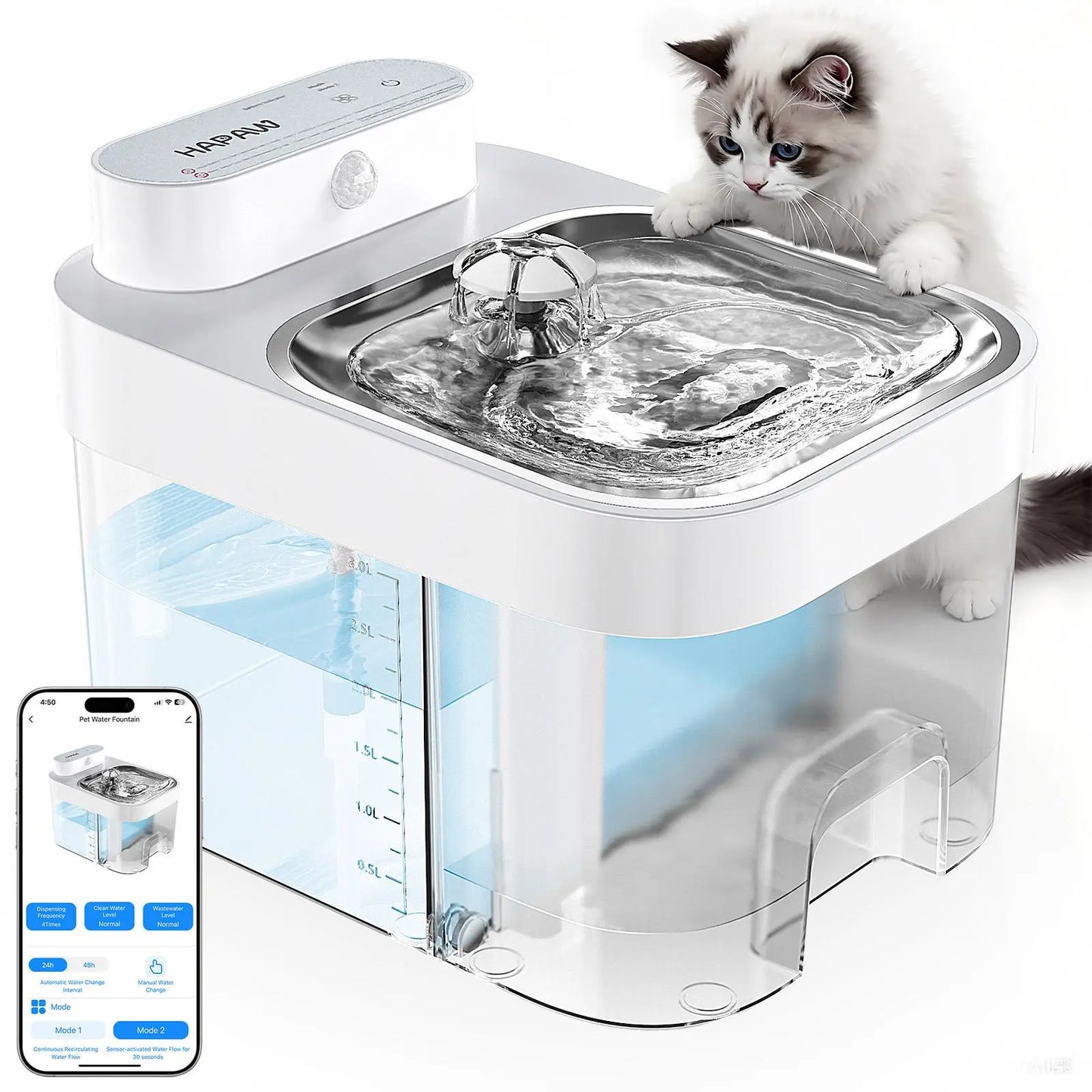 Smart Cat Water Fountain, Wi-Fi App Controlled Automatic Pet Water Dispenser with 5000mAh Rechargeable Battery