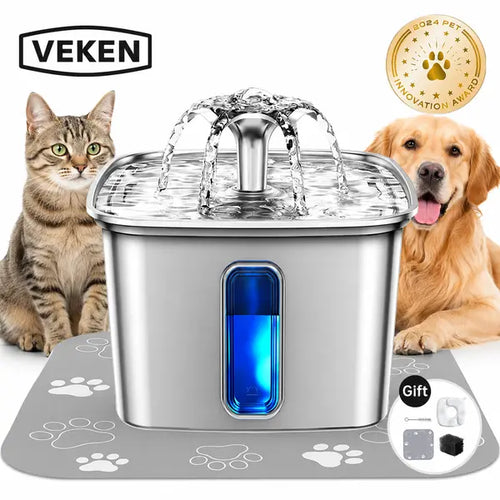 Innovation Award Winner Stainless Steel Cat Water Fountain, 108oz/3.2L Automatic Pet Fountain Dog Water Dispenser with Replacement Filters & Silicone Mat for Cats, Dogs