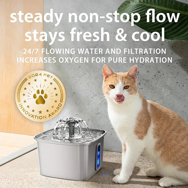 Innovation Award Winner Stainless Steel Cat Water Fountain, 108oz/3.2L Automatic Pet Fountain Dog Water Dispenser with Replacement Filters & Silicone Mat for Cats, Dogs