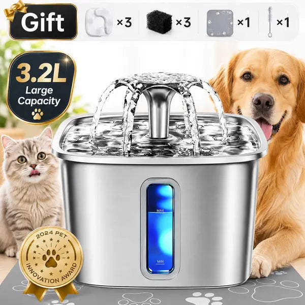 Innovation Award Winner Stainless Steel Cat Water Fountain, 108oz/3.2L Automatic Pet Fountain Dog Water Dispenser with Replacement Filters & Silicone Mat for Cats, Dogs